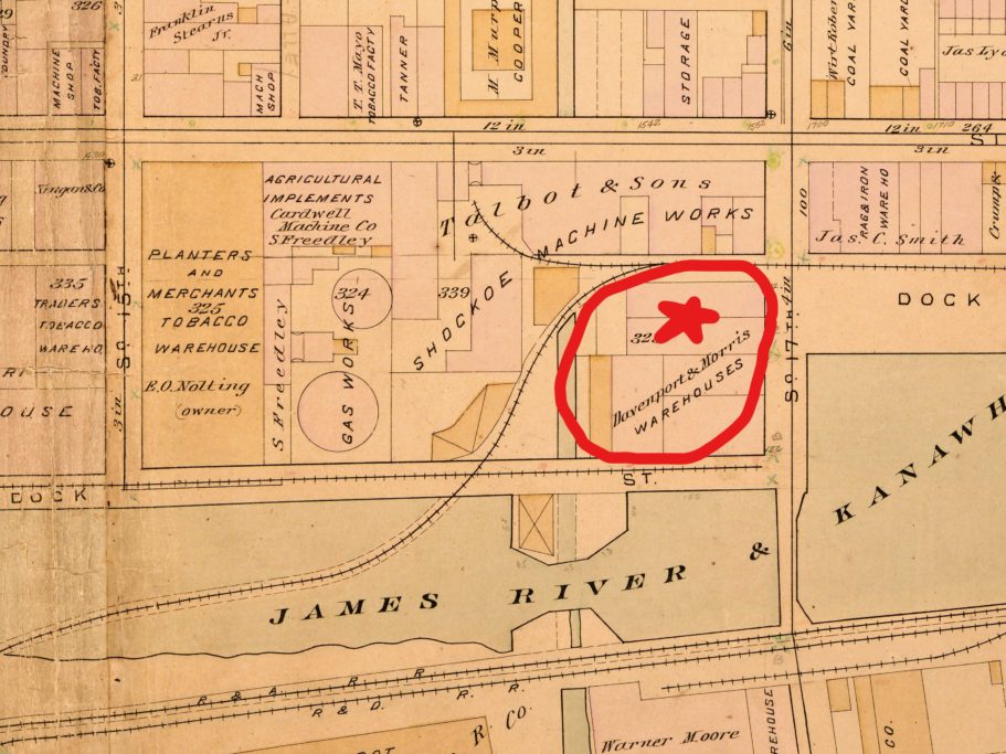 (VCU) — 1889 Baist Atlas Map of Richmond — Plate 2 — showing the Davenport & Morris Warehouses at Seventeenth & Dock Streets