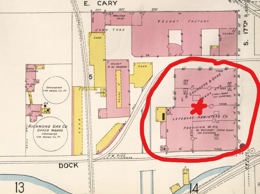 (Library of Congress) — Sanborn Fire Insurance Map from Richmond (1905) — Plate 183 — showing the warehouses now under control of E. A. Saunders & Sons and Lefebvre-Armistead Co.