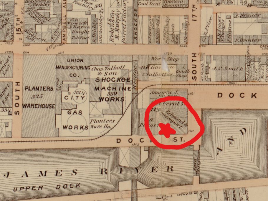 (Library of Congress) — Beers Illustrated Atlas of the Cities of Richmond & Manchester, 1877 — Plate L — showing occupancy at 120 South Seventeenth by Edmond & Davenport