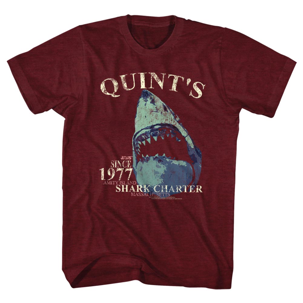 Jaws T-Shirt Quint's Shark Charter Since 1977 Maroon Heather Tee - Picture 2 of 2