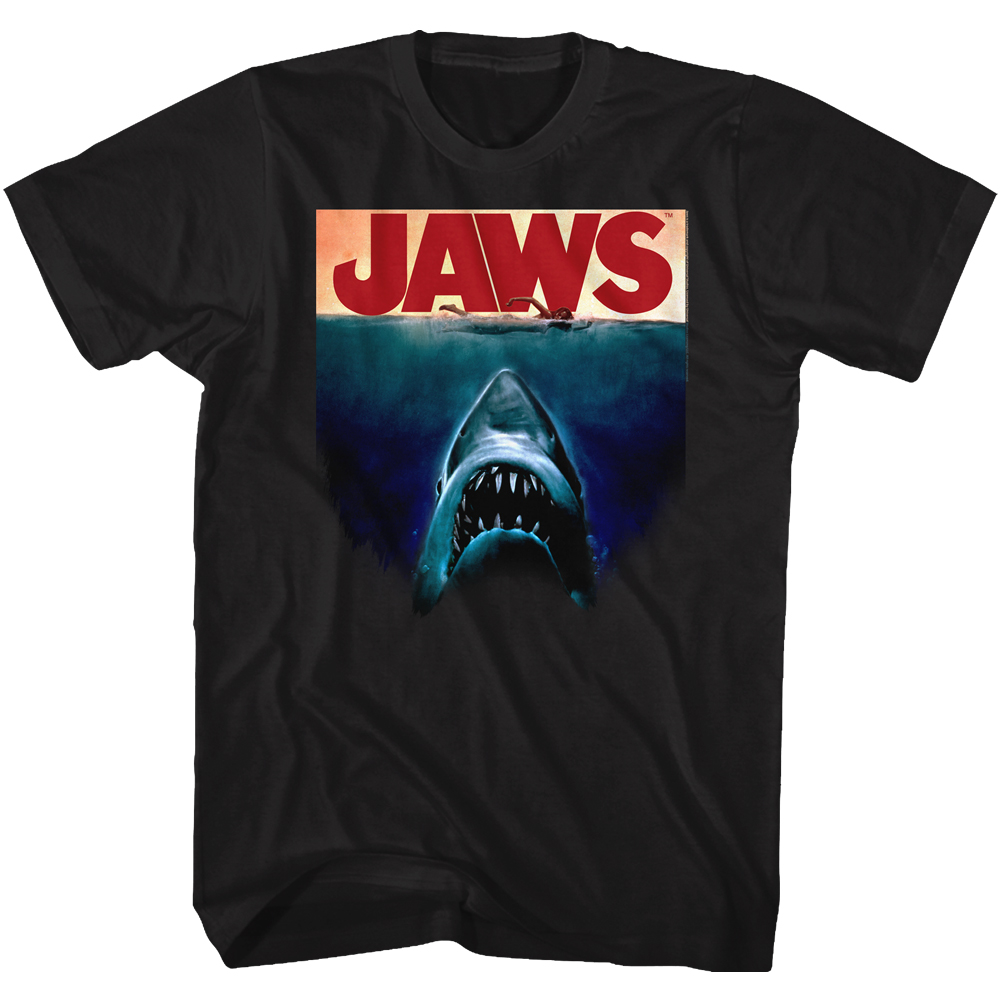 Jaws Tall T-Shirt Deep Blue Movie Poster Black Tee