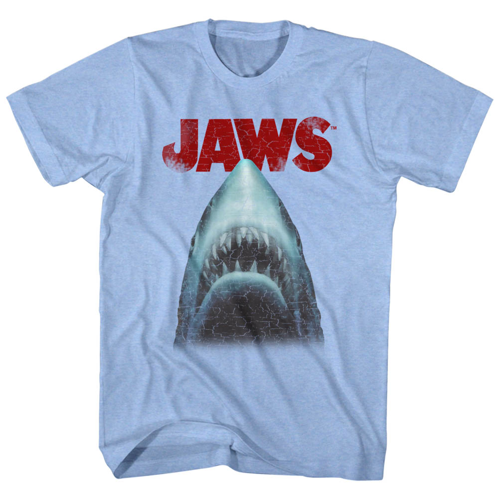 Jaws T-Shirt Distressed Cracked Shark Head Light Blue Heather Tee