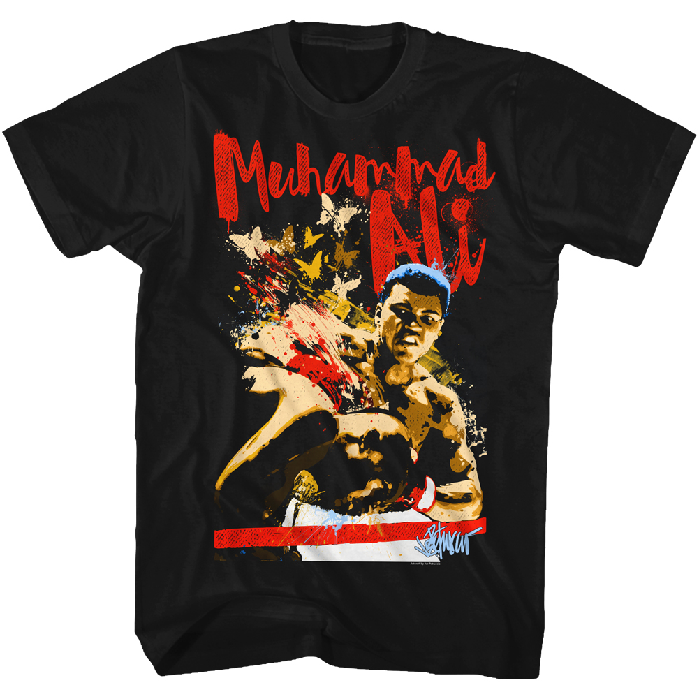 Muhammad Ali Tall T-Shirt Butterfly Punch Painting Black Tee - Picture 2 of 2