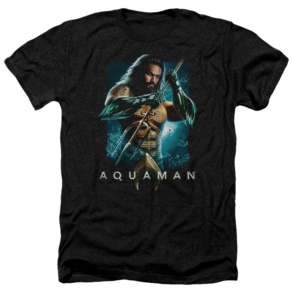 Aquaman Movie Heather T-Shirt Posing with Trident Black Tee