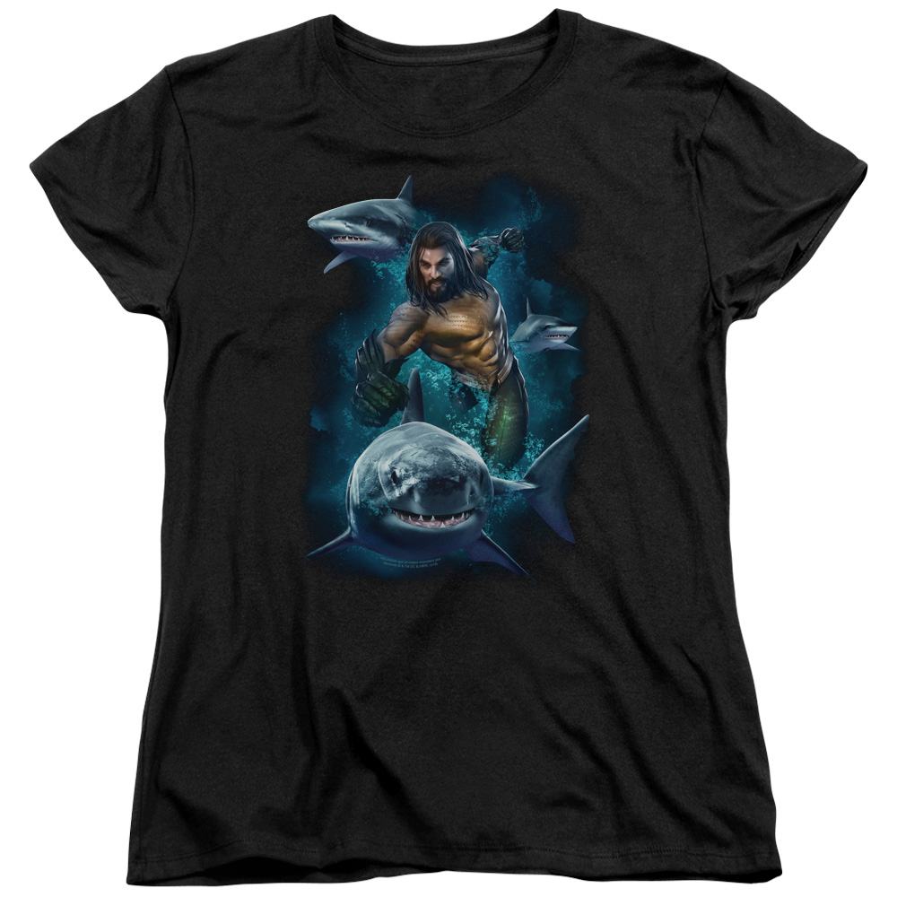 Aquaman Movie Womens T-Shirt Swimming with Sharks Black Tee