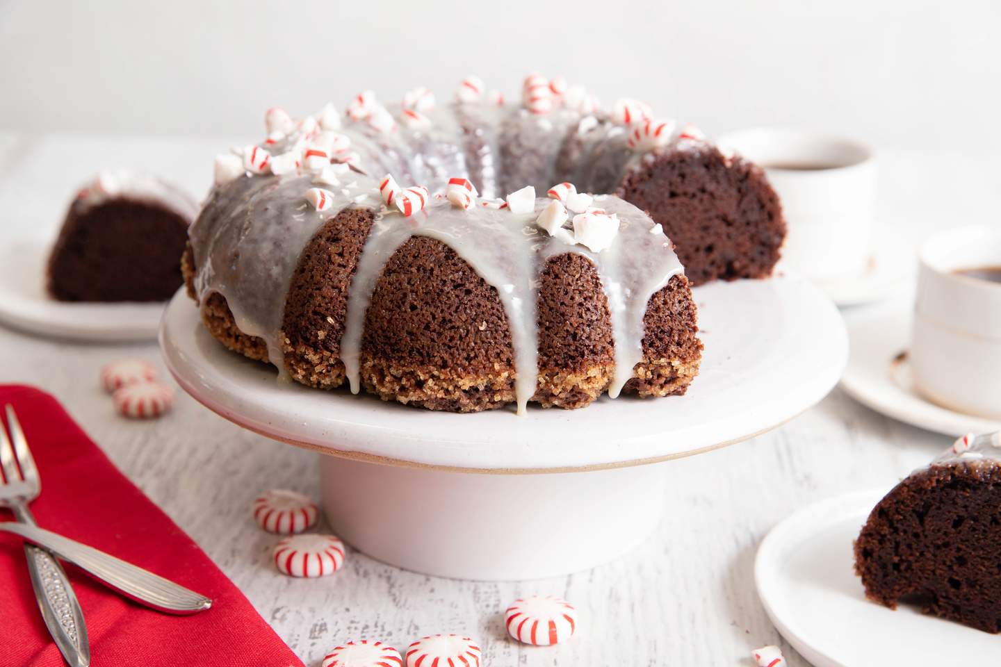 Chocolate Bundt Cake with White Chocolate Peppermint Glaze