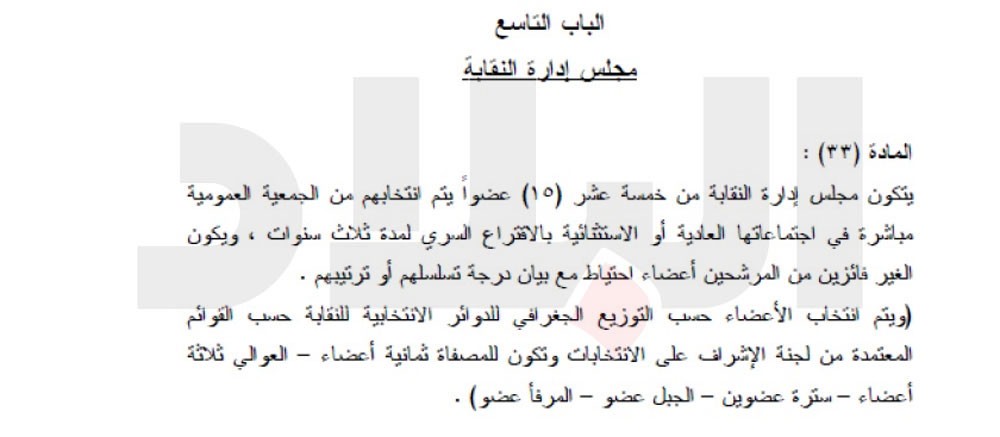 عدد أعضاء مجلس ادارة النقابة وفقا للنظام الأساسي