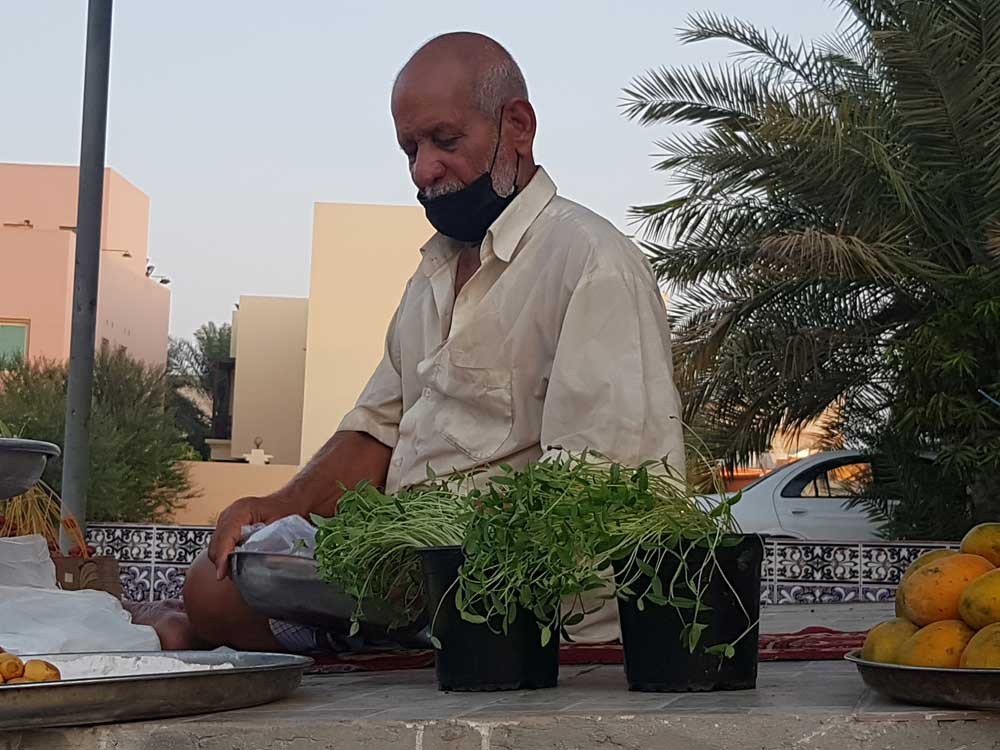 الحاج عباس يعرض مع فاكهته أصايص الحيه بيه