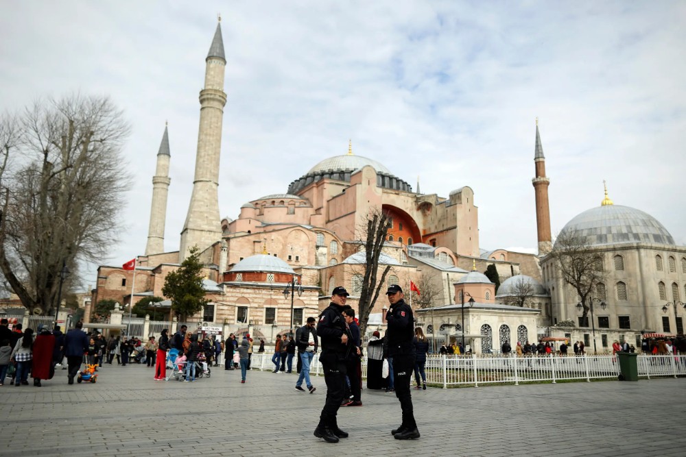Turkish police secure the plaza in front of he Byzantine-era Hagia Sophia, one of Istanbul's main tourist attractions Hagia Sophia in Istanbul, Turkey, Friday, March 15, 2019. (AP)