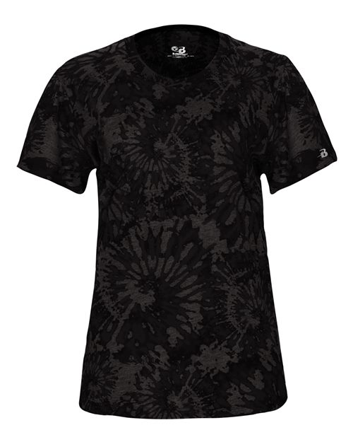 Badger 4974 Women's Tie-Dyed Tri-Blend T-Shirt Black Tie-Dye front view for custom printing