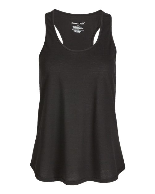 Boxercraft BW2502 Women's Essential Racerback Tank Top Black front view for custom printing