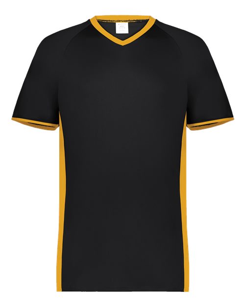 Augusta Sportswear 6907 Men's Cutter V-Neck Jersey Black/ Gold front view for custom printing