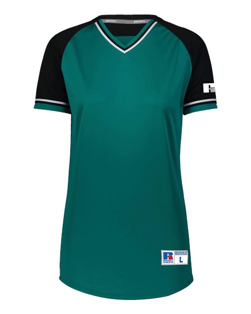 Russell Athletic R01X3X Women's Classic V-Neck Jersey Aqua/ Black/ White front view for custom printing