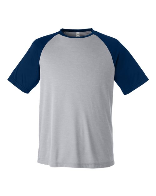 Team 365 TT62 Unisex Zone Colorblock Raglan T-Shirt Athletic Heather/ Sport Dark Navy front view for custom printing