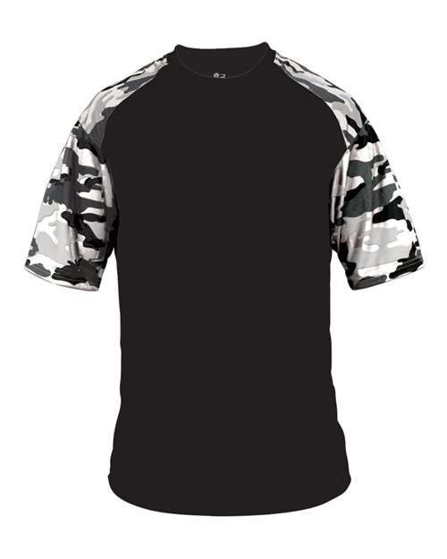 Badger 4141 Men's Camo Sport T-Shirt Black/ White Camo front view for custom printing