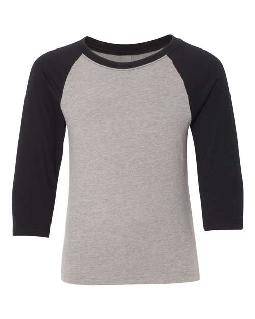 Next Level 3352 Youth CVC Three-Quarter Sleeve Raglan T-Shirt Black Sleeves/ Dark Heather Grey Body front view for custom printing