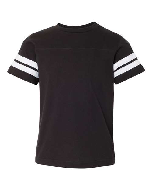 LAT 6137 Youth Football Fine Jersey Tee Black Solid/ White front view for custom printing