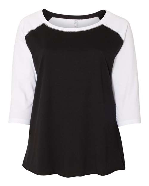 LAT 3830 Women's Curvy Collection Baseball Three-Quarter Sleeve Tee Black/ White front view for custom printing
