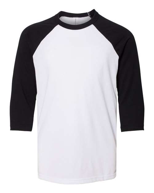 BELLA + CANVAS 3200Y Youth Three-Quarter Sleeve Baseball Tee White/ Black front view for custom printing