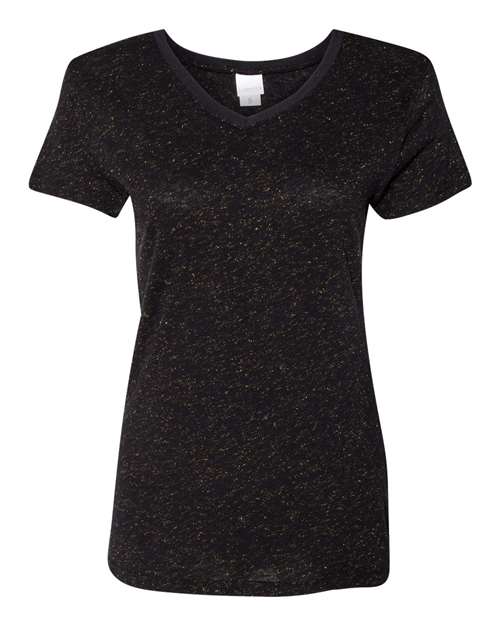 J. America 8136 Women’s Glitter V-Neck T-Shirt Black/ Gold front view for custom printing