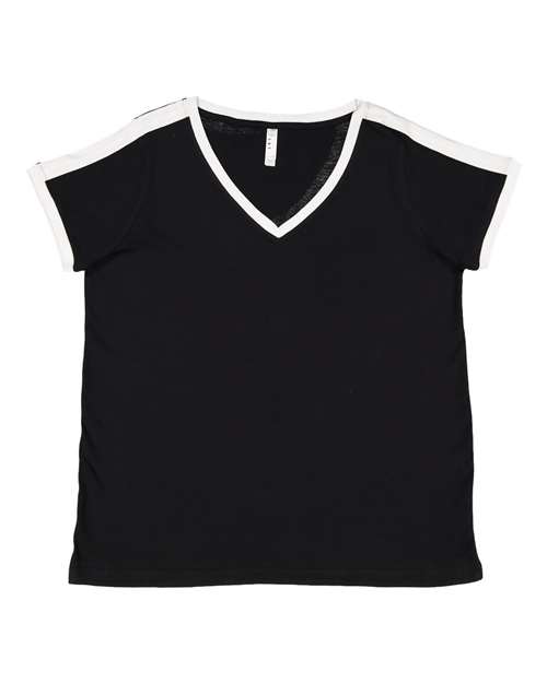 LAT 3832 Women's Curvy Retro Ringer Premium Jersey V-Neck Tee Black/ White front view for custom printing