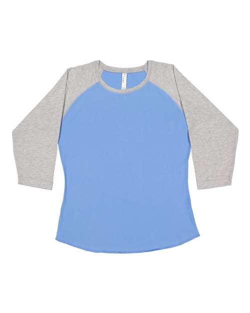 LAT 3530 Women's Baseball Fine Jersey Three-Quarter Sleeve Tee Carolina Blue/ Vintage Heather front view for custom printing