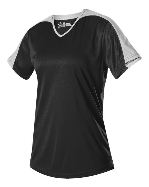Alleson Athletic 558VG Girls' V-Neck Fastpitch Jersey Black/ White front view for custom printing