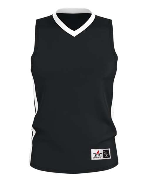 Alleson Athletic 538J Men's Single Ply Basketball Jersey Black/ White front view for custom printing