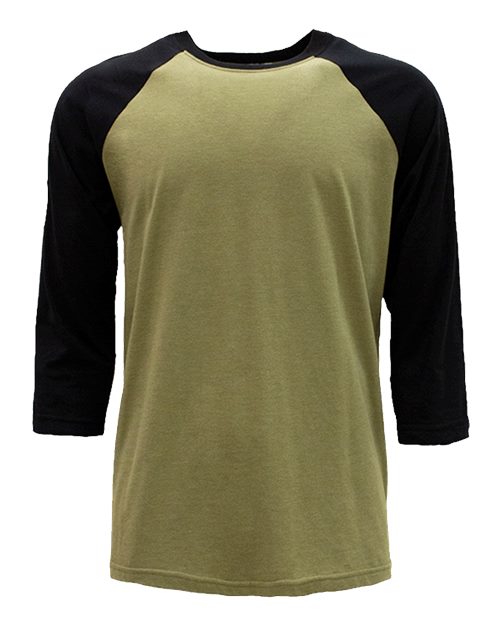Next Level 6251 Unisex CVC Three-Quarter Sleeve Raglan T-Shirt Black/ Olive front view for custom printing