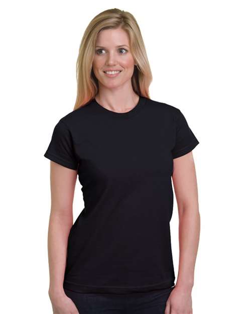 Bayside 5850 Women's USA-Made Fine Jersey T-Shirt Black front view for custom printing