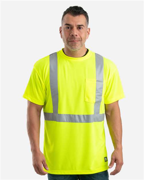Berne Apparel HVK012 Men's Hi-Vis Class 2 Performance Pocket T-Shirt Yellow front view for custom printing