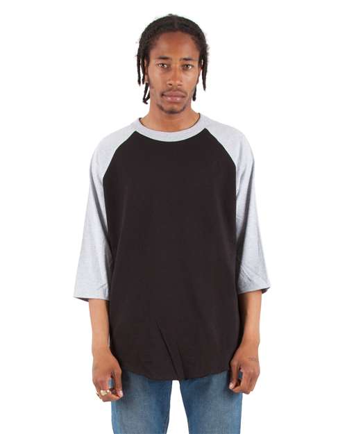 Shaka Wear SHRAG Unisex Raglan Three-Quarter Sleeve T-Shirt Black/ Heather Grey front view for custom printing