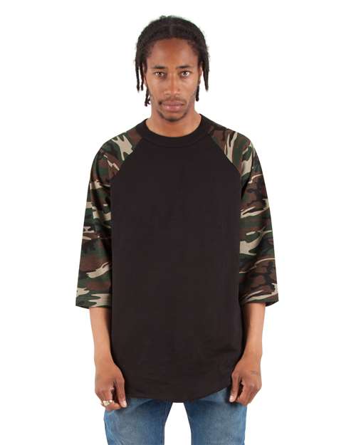 Shaka Wear SHRAGCM Unisex Three-Quarter Sleeve Camo Raglan T-Shirt Black/ Camo Green front view for custom printing