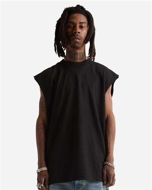 Shaka Wear SHGMT Unisex Garment-Dyed Muscle Tee Black front view for custom printing