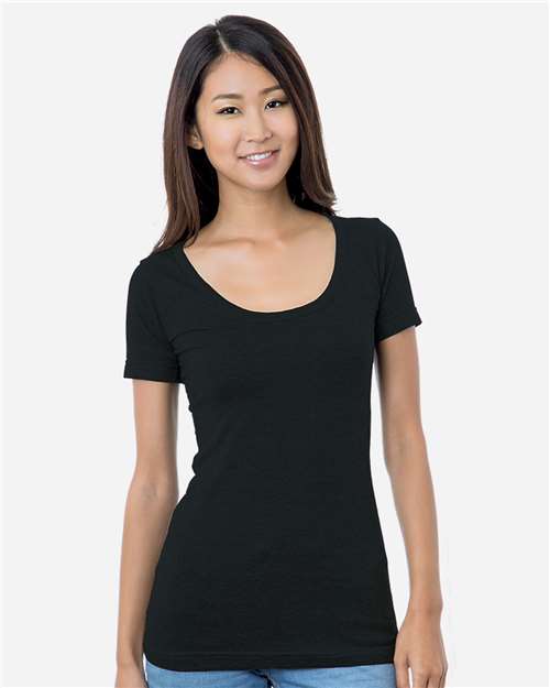 Bayside 3405 Women's USA-Made Scoop Neck T-Shirt Black front view for custom printing