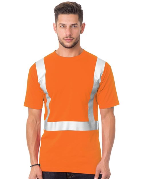 Bayside 3772 Unisex USA-Made 50/50 High Visibility Pocket T-Shirt Bright Orange front view for custom printing