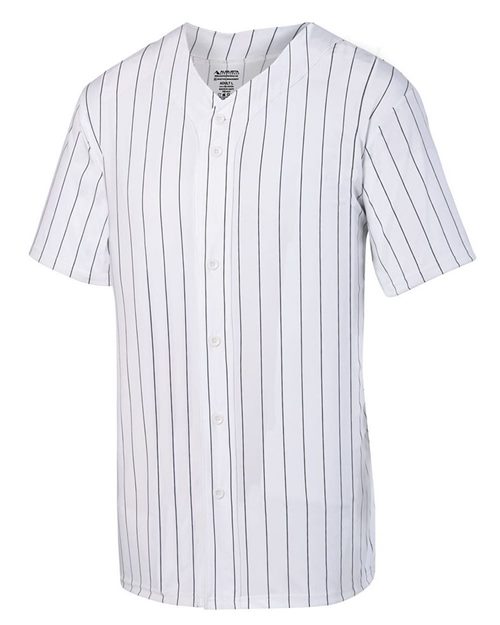 Augusta Sportswear 1685 Unisex Pinstripe Full Button Baseball Jersey White/ Black front view for custom printing