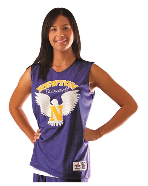 Alleson Athletic 560RW Women's Reversible Mesh Tank Black/ Gold front view for custom printing