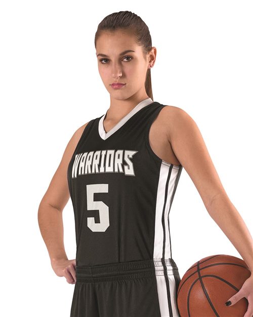 Alleson Athletic 538JW Women's Single Ply Basketball Jersey Black/ White front view for custom printing