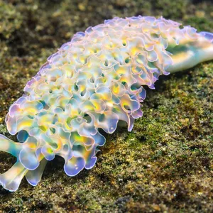 Ultra-high-definition image of a lettuce sea slug (Elysia crispata) with ruffled translucent green and blue frills crawling across an algae-covered rock in a marine aquarium, showing enhanced coloration and fine detail in the delicate leaf-like body structures.
