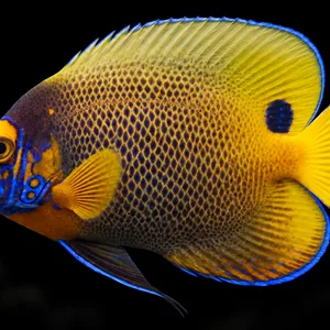 Blueface Angelfish swimming left with gold patterned scales, a blue face and yellow eye mask; AI-generated aquarium view.