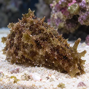 Brown Dolabella auricularia on white sand.