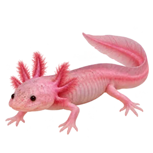 Pink leucistic axolotl with dark eyes, tiny facial freckles and feathery rose-pink gills.
