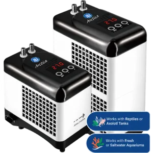 JBJ Nano Arctica E-Chillers in two sizes, with digital temperature controls and hose connections. Labels indicate use with reptile or axolotl tanks and freshwater or saltwater aquariums.