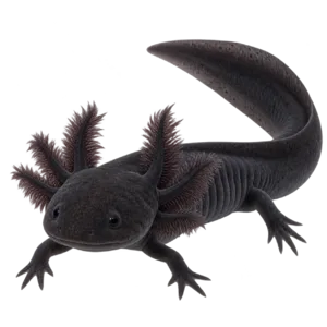 Black melanoid axolotl with dark eyes, feathery plum-brown gills and a gently curved tail.