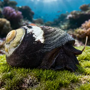 Close-up of a dark-shelled marine snail on a short algae-covered rock, with its textured body partially extended and a softly blurred coral reef background in blue water.