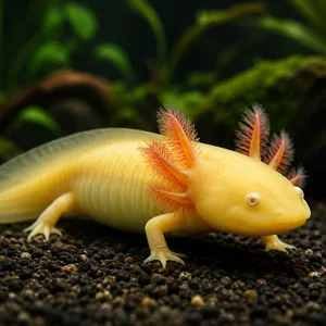 Golden albino axolotl with feathery orange-pink gills resting on dark aquarium substrate in a planted freshwater tank.
