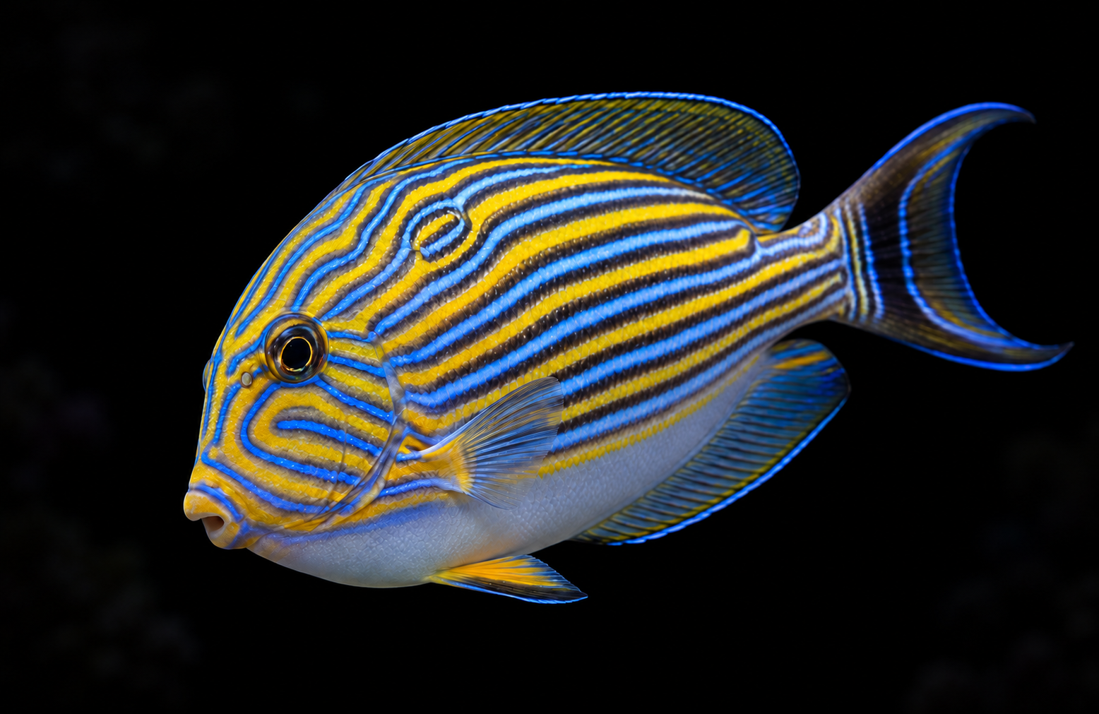 Clown Tang swimming left and downward toward the camera, showing its opposite side against a nearly black reef. AI-generated aquarium view.