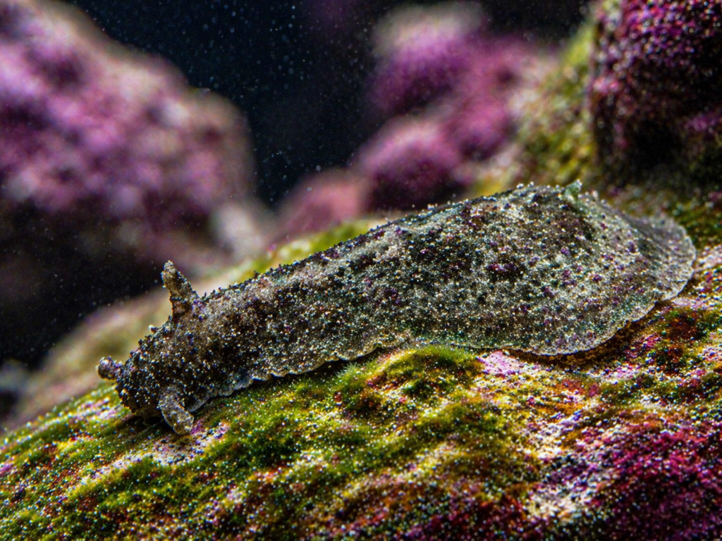 Gray Aplysia parvula sea hare crawling across an algae-covered reef rock in a saltwater aquarium, shown in sharp macro detail with a softly blurred coral background.