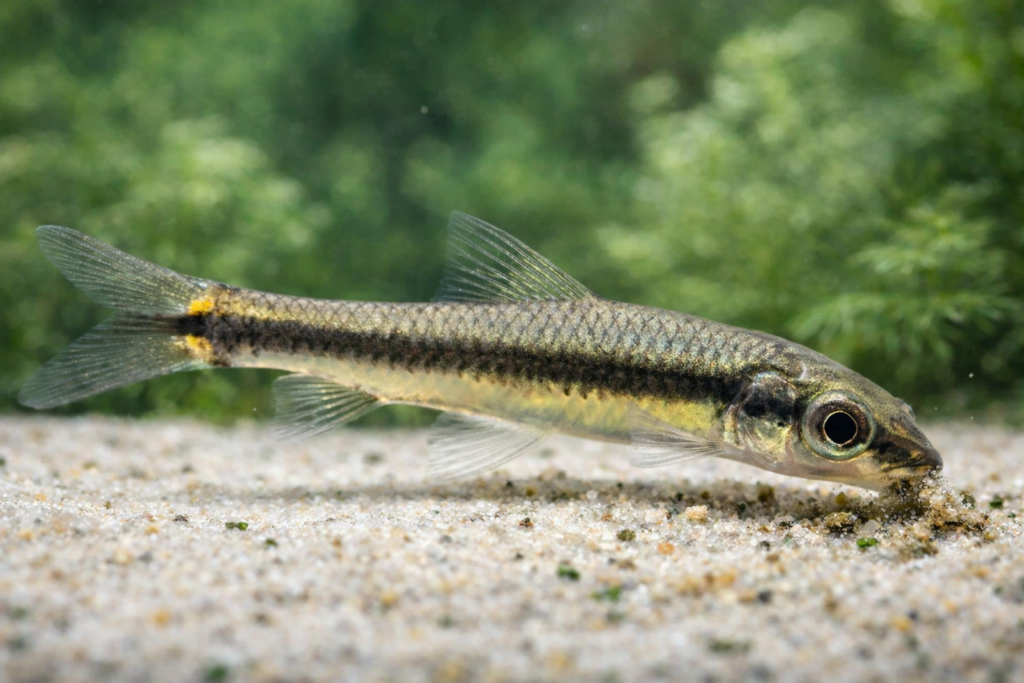 Small slender algae-eating fish foraging on pale sandy substrate in a planted aquarium, with sharply detailed scales and fins against a softly blurred green background.